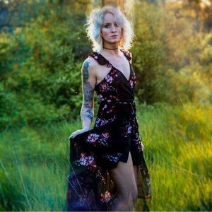 Japna Black and Pink Floral High Low Dress